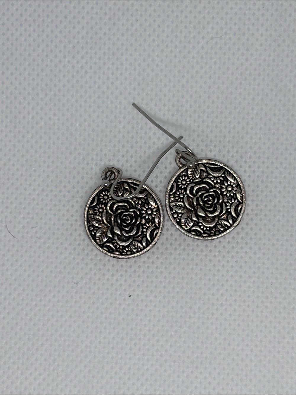 Antique Silver Rose Medallion Drop Earrings
